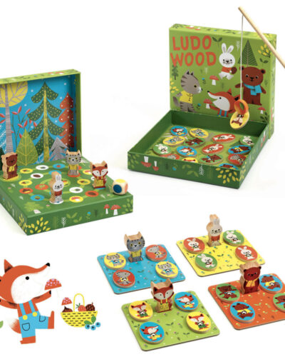 Djeco σετ 4 ξύλινων επιτραπέζιων παιχνιδιών Ψάρεμα-Λότο-Μέμο-Ludo