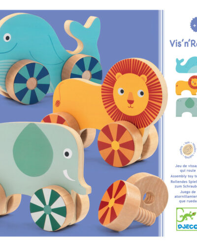 Djeco Ξύλινο εκπαιδευτικό παιχνίδι λεπτής κινητικότητας Βιδώνω ρόδες στα  ζωάκια