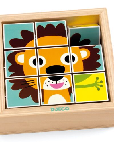 Djeco παζλ με περιστρεφόμενα τετράγωνα σε ξύλινο πλαίσιο Λιοντάρι και ζωάκια