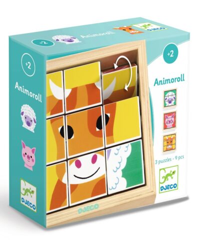 Djeco παζλ με περιστρεφόμενα τετράγωνα σε ξύλινο πλαίσιο Αγελάδα και ζωάκια 9τεμ.