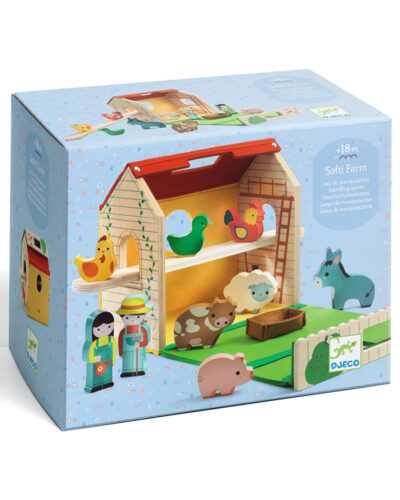 Djeco ξύλινη φάρμα με ζωάκια και φιγούρες σε βαλιτσάκι