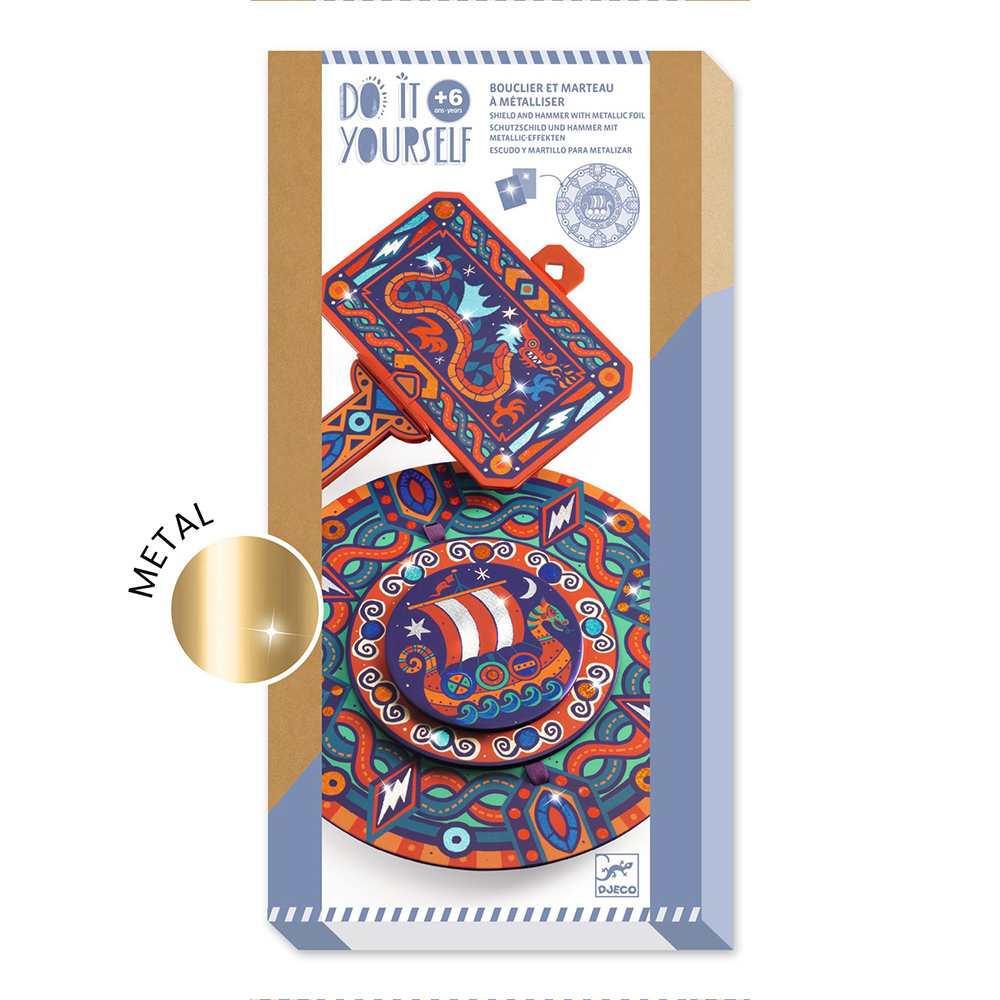 Djeco DIY φτιάχνω ασπίδα και σφυρί με φύλλα χρυσού και αυτοκόλλητα