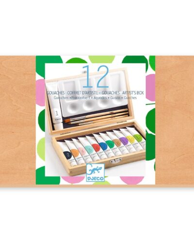Djeco Ξύλινη κασετίνα με 12 τέμπερες (γκουας), 3 πινέλα 1 παλέτα