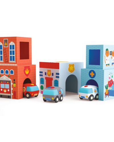 Djeco 5 Κύβοι στοίβαξης με 3 οχήματα