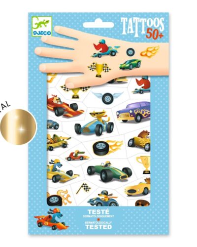 Djeco τατουάζ με μεταλλιζέ λεπτομέρειες “Αγωνιστικά αυτοκίνητα“
