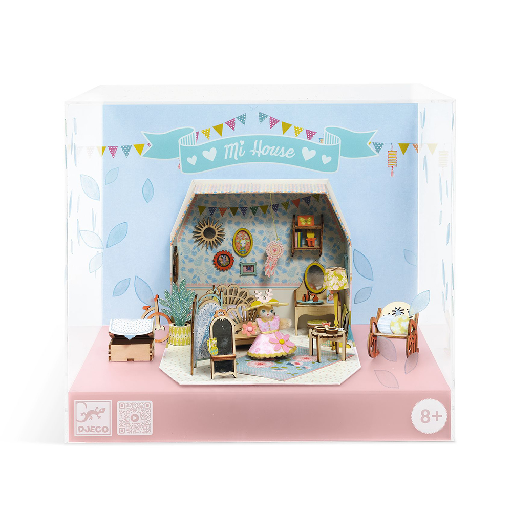 Djeco ντισπλέι πλέξι γκλας με έτοιμο DIY κουκλόσπιτο βαλιτσάκι Mi House Alba