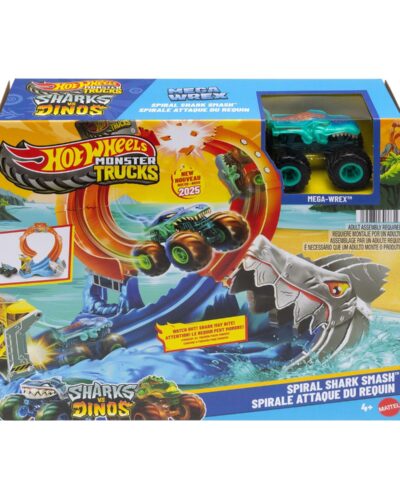 Mattel Hot Wheels Monster Trucks: Sharks VS. Dinos - Spiral Shark Smash Playset (JFR08)